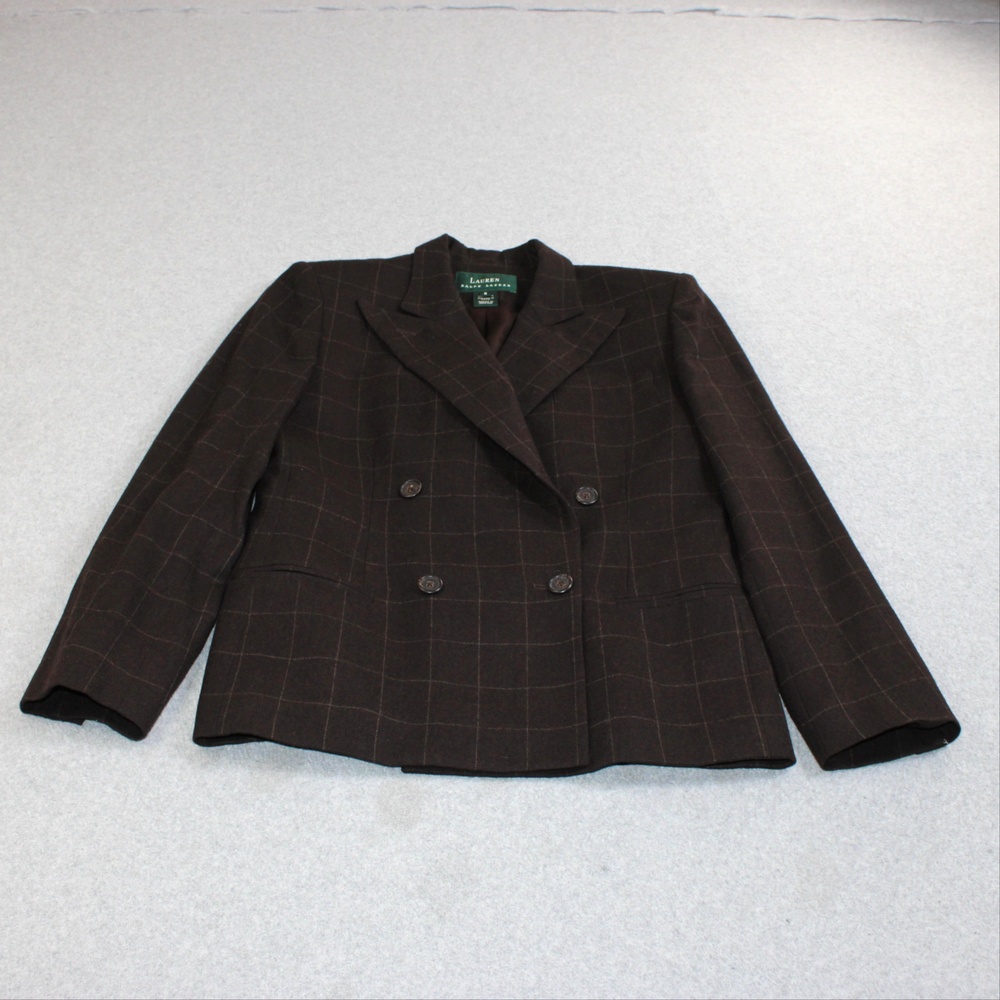 Lauren Ralph Wool Blazer Women 6 Brown Plaid Double Breasted Made USA Heritage